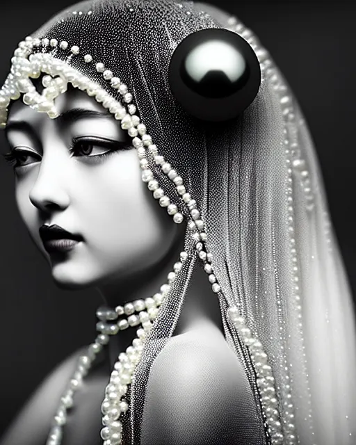 Image similar to black and white dreamy young beautiful veiled female artificial intelligence, realistic pearl ornament in the face, long hair are intricate with highly detailed realistic pearls, cinematic, rim light, bokeh, photo - realistic, elegant, high detail, 8 k, masterpiece, photo taken in 1 9 3 0