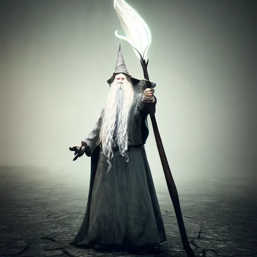 Image similar to Gandalf, holding a staff, wizard hat, dramatic art, digital art, octane render, 4k, trending on artstation