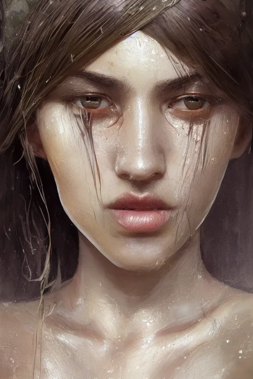 Image similar to a photorealistic painting of an attractive young girl, partially clothed in battle armor, olive skin, long dark hair, beautiful bone structure, symmetrical facial features, intricate, elegant, digital painting, concept art, illustration, sharp focus, minimal artifacts, from Metal Gear, in the style of Ruan Jia and Mandy Jurgens and Greg Rutkowski, trending on Artstation, award winning