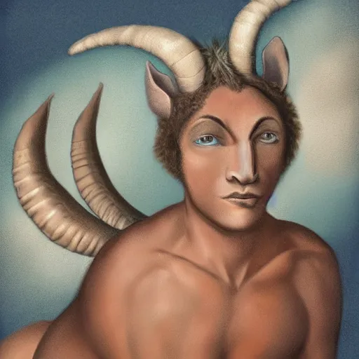 Prompt: digital painting of a satyr woman with horns, dark skin tone, short white hair, wearing blue clothes and a blue robe