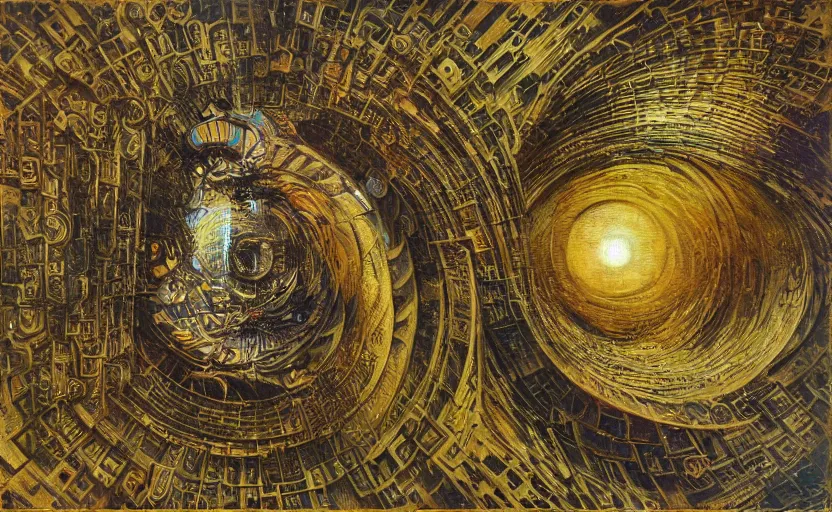 Image similar to Brutalist architecture building, Divine Chaos Engine by Karol Bak, Jean Deville, Gustav Klimt, and Vincent Van Gogh, sacred geometry, visionary, mystic, spiritual, fractal structures, ornate gilded medieval icon, third eye, spirals