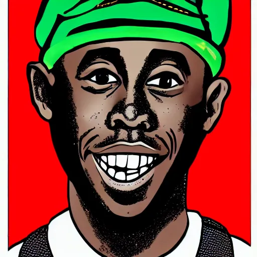 Prompt: cartoon illustration with bold black outline of rapper tyler the creator wearing a birthday hat, colorful, artistic, vibrant, high, highly detailed art