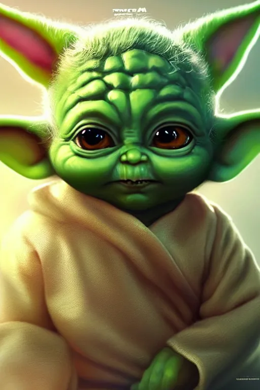 Image similar to Rahul Gandhi as baby yoda, baby yoda costume, Rahul Gandhi hairstyle, baby yoda body type, Rahul Gandhi Face, calm, cute, portrait, baby figure, highly detailed, digital painting, artstation, concept art, smooth, sharp focus, illustration, cinematic lighting, art by artgerm and greg rutkowski and alphonse mucha