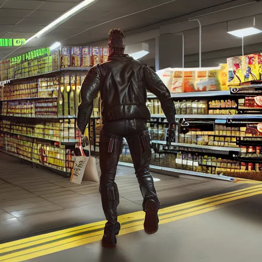 Prompt: the terminator buying stuff at the supermarket, unreal 5, hyperrealistic, octane render, cosplay, RPG portrait, dynamic lighting