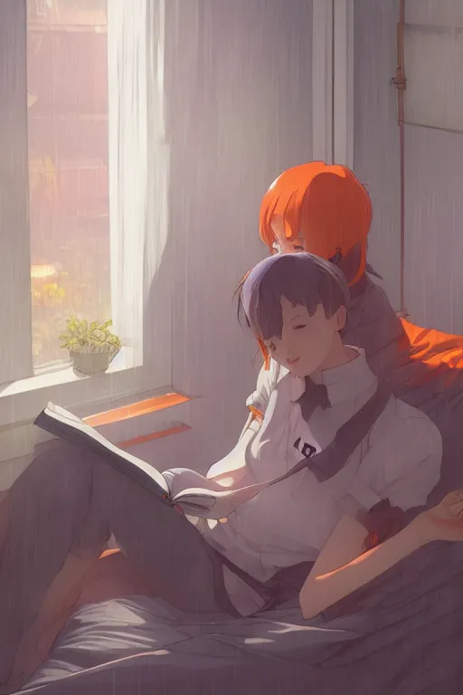 Image similar to a teenage girl with white short hair in a jk uniform outfit in the bedroom reading a book in a night, raining outside the window, grey and orange theme, by krenz cushart and mucha and akihito yoshida and greg rutkowski and makoto shinkai, 4 k resolution