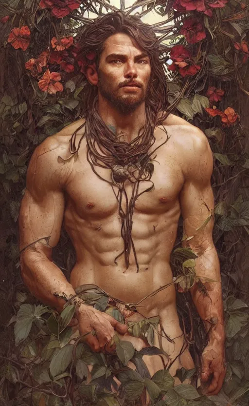 Image similar to god of the forest, 3 0 years old, rugged, handsome, male, detailed face, clean lines, atmospheric lighting, amazing, full body, thighs, flowers, muscular, intricate, highly detailed, digital painting, deviantart, concept art, sharp focus, illustration, art by greg rutkowski and alphonse mucha