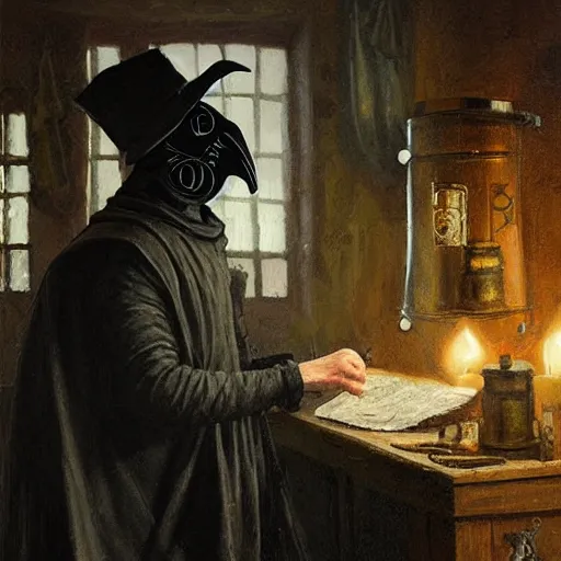 Prompt: plague doctor working in medieval apothecary, magical alchemy laboratory, oil painting, by Greg Rutkowski