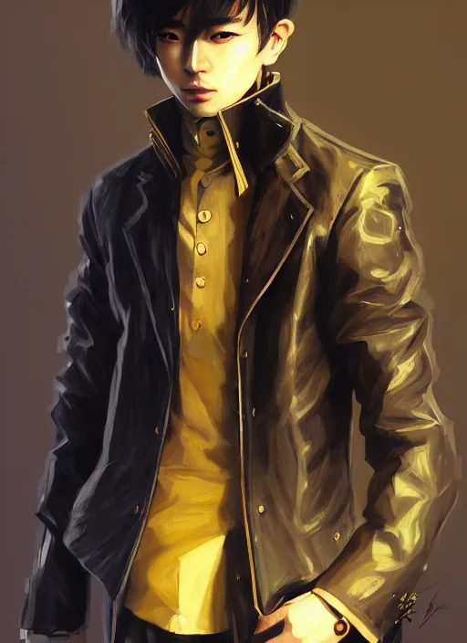 Image similar to a highly detailed illustration of young attractive japanese guy wearing black detective coat, yellow eyes, dramatic standing pose, hyperdetailed perfect face, perfect eyes, intricate, elegant, highly detailed, centered, digital painting, artstation, concept art, smooth, sharp focus, league of legends concept art, wlop.