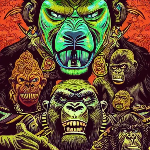 Prompt: barong family, jim carrey, wiwek, mara demon, one single tribe member, jungle, one single mask, dark, ancient warrior, grumpy gorilla, violence blood, tribal, inner glow, art by dan mumford and justin gerard