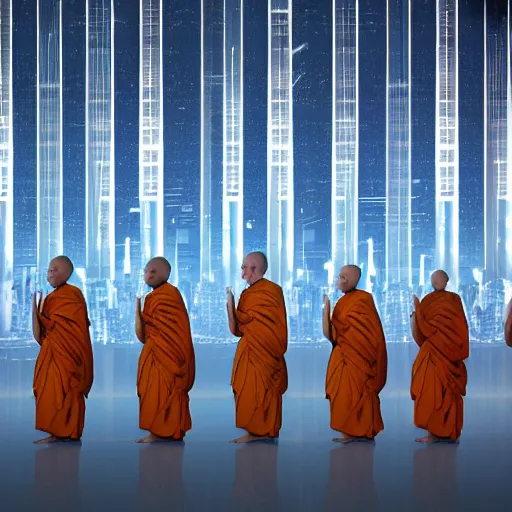 Prompt: row of full length cyborg monks praying to supercomputer god on outer world