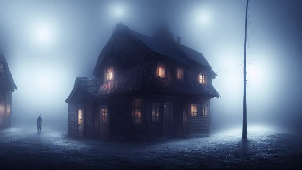 Image similar to thin luminous threads stretch from a black sphere that is in the sky above a small village with wooden houses in the fog, fog, volumetric lighting, mystique, atmospheric, sharp focus, ultra detailed, ross tran, thierry doizon, kai carpenter, ignacio fernandez rios, noir art house, 4 k, 3 5 mm