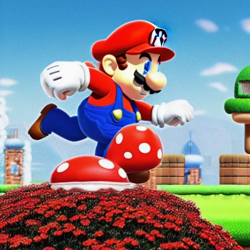 Image similar to Mario jumping off a white and red spotted mushroom, Mario brothers theme, mushroom kingdom in background, landscape, beautiful, colorful, cinematic composition, exotic plants, goombas,