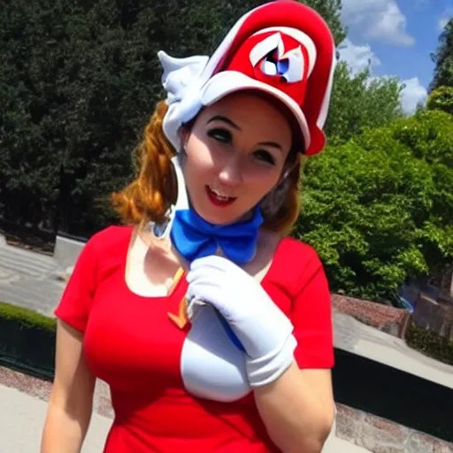 Image similar to a woman cosplaying nintendo mario in an opera gown