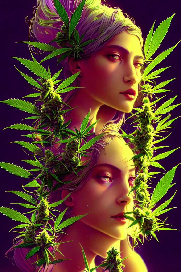 Image similar to epic scale cinematic full body marijuana goddess character concept perfect focus closeup macro photography of a beautiful marijuana bud crystals trichomes, densely packed buds of weed neon blacklight, sacred dmt weed goddess visionary fantasy art by greg rutkowski android jones artgerm alphonse mucha rule of thirds golden ratio alien plants