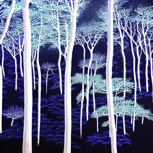 Prompt: An indigo forest in Japan, dark, midnight, seven ghostly white trees