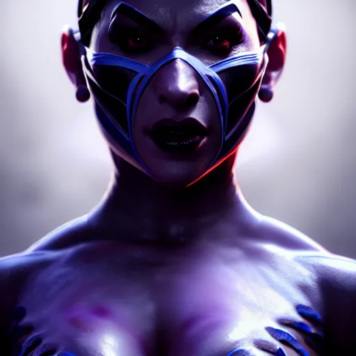 Image similar to Portrait of Kitana, Mortal Kombat 11, expressive pose, highly detailed, ominous vibe, smoke, octane render, cgsociety, artstation, trending on ArtStation, by Travis Sergio Diaz