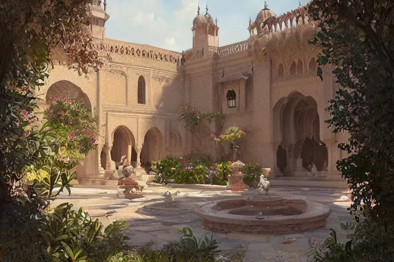 Image similar to almohad palace gardens, highly detailed, digital painting, artstation, concept art, sharp focus, illustration, art by artgerm and greg rutkowski and alphonse mucha