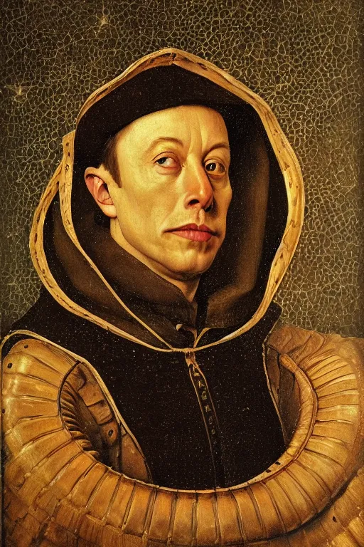 Image similar to portrait of elon musk, oil painting by jan van eyck, northern renaissance art, oil on canvas, wet - on - wet technique, realistic, expressive emotions, intricate textures, illusionistic detail