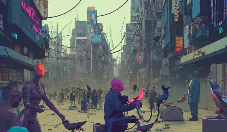 Prompt: cyborg feeding electric pigeons at a dirty crowded streetcorner, cyberpunk, by Josan Gonzalez and Tomer Hanuka and Moebius and Brad Rigney and Greg Rutkowski,highly detailed, UHD, 8K, Ghost in the shell, Blade Runner, bokh, dof