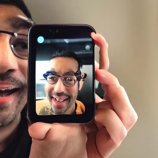 Image similar to happy man takes an instagram selfie using the front camera of an iphone 12 pro max highly detailed 4k quality