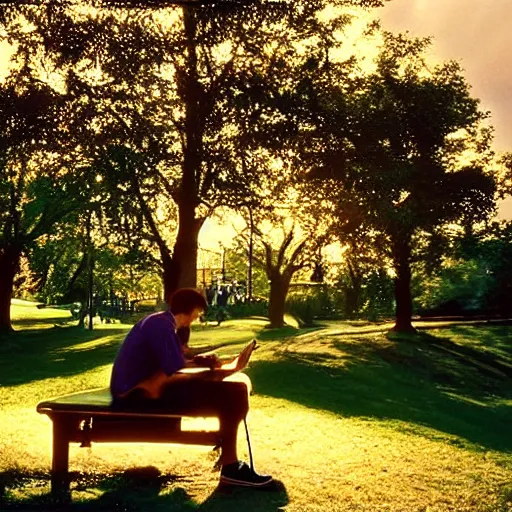 Prompt: 1 9 9 0 s candid 3 5 mm photo of a man sitting on a bench in a park writing in a notebook, cinematic lighting, cinematic look, golden hour, the clouds are epic and colorful with cinematic rays of light, photographed by petra collins, hyper realistic