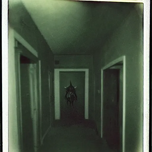 Image similar to a terrifying monster at the end of a hallway, dark!, creepy, deer skull, nightmare fuel!!!, unsettling, uncanny valley!, old polaroid, expired film,