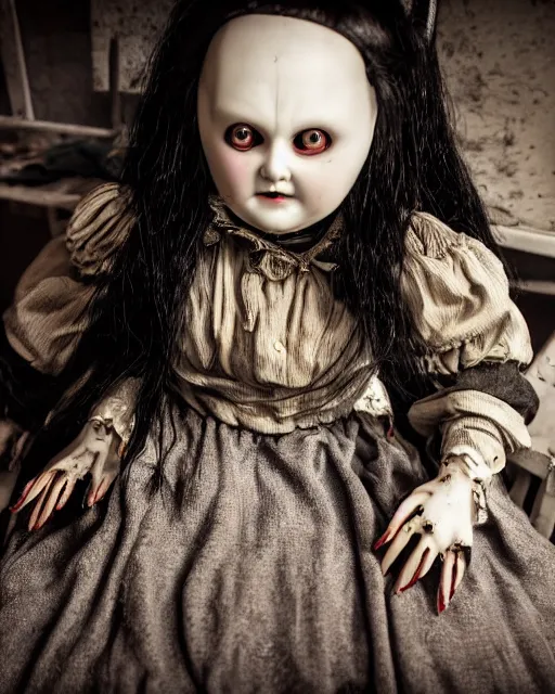 Image similar to closeup portrait of a creepy angry scary antique filthy porcelain doll with black eyes wearing a dirty dress, with long black hair sitting in a rocking chair, next to a child’s bed in a dimly lit filthy room in an abandoned old asylum at night, 8k octane render, dramatic lighting, volumetric lighting, Craig Mullins, Duane Hanson , Richard Estes, Arney Fretag, vintage photo, 1890