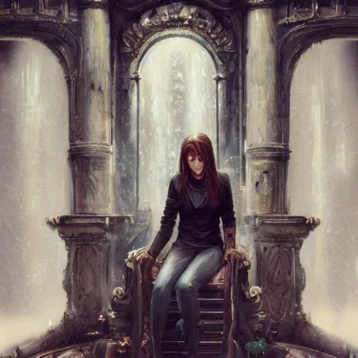 Prompt: masterpiece detailed paiting of a tall throne room with a dirty teenage girl with brown hair, wearing old jeans and worn shirt sitting in a tall throne os spikes, dirty and old, volumetric lighting, foggy, featured on Artstation, by WLOP, Ross Tran, Greg Rutkowski, Dan Mumford, Christophe Vacher