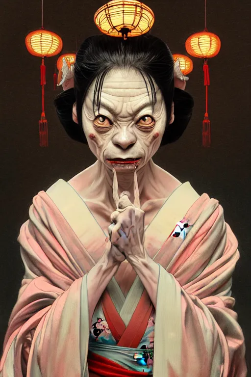 Image similar to clear portrait of gollum dressed as a japanese geisha, background hyper detailed, character concept, full body, dynamic pose, glowing lights, intricate, elegant, highly detailed, digital painting, artstation, concept art, smooth, sharp focus, illustration, art by artgerm and greg rutkowski and alphonse mucha