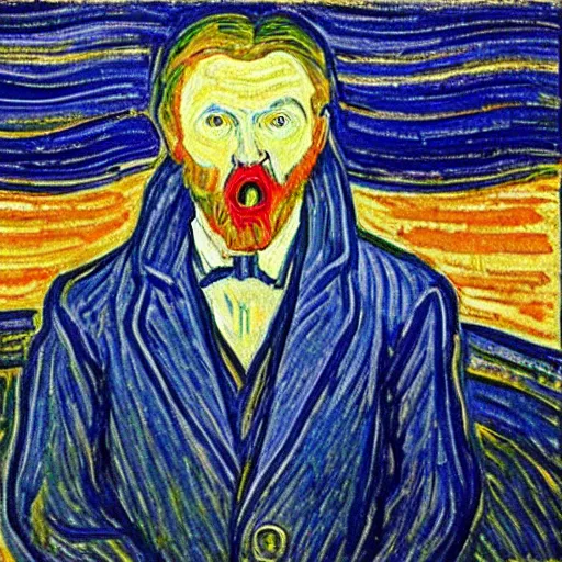 Image similar to painting of edvard munch's the scream with van gogh's the starry night in the background, detailed