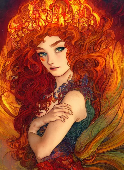 Image similar to Fire Goddess, hair made out of flames, ambient lighting, 4k, josephine wall, alphonse mucha, lois van baarle, ilya kuvshinov, rossdraws, artstation