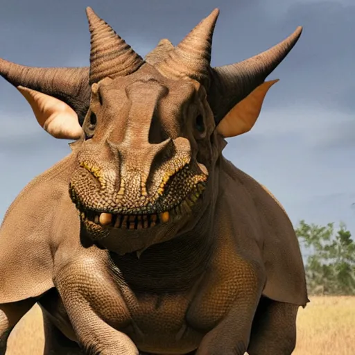 Image similar to face of a human triceratops hybrid