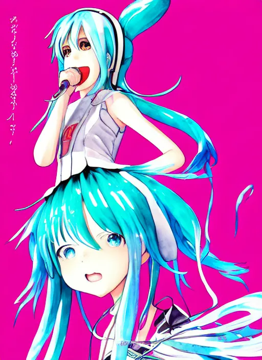 Prompt: a high detail watercolor of Hatsune Miku VOCALOID on stage by Yukito Kishiro and katsuhiro otomo and Tomas Sanchez and Simon Stålenhag pixiv fanbox skeb.jp clipstudio medibang ichi-up CGWORLD key visual manga cover