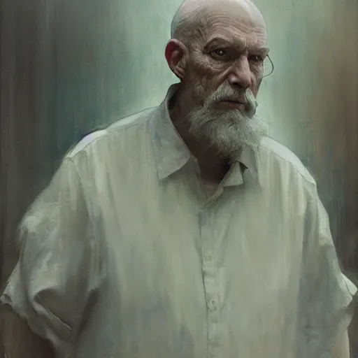 Image similar to hyperrealist portrait of a thin mean old man by jeremy mann and alphonse mucha, fantasy art, photo realistic, dynamic lighting, artstation, poster, volumetric lighting, very detailed faces, award winning