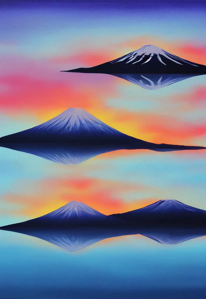 Prompt: clouds curling around mount fuji reflected on the lake surface at sunset, isolated on minimalist white acrylic base coat, detailed acrylic painting airbrush collagepainting by wes anderson, leslie david and lisa frank, dark monochrome neon color airbrush, mixed media painterly details, neoclassical composition, rule of thirds, design tension, impactful graphic design