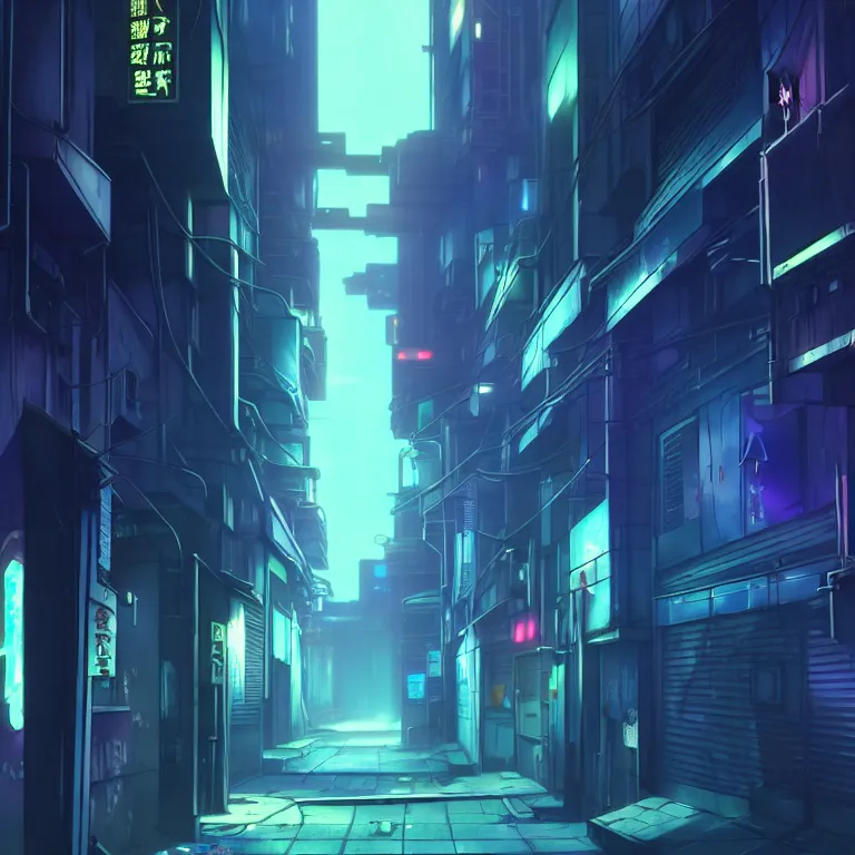 Image similar to city alleyway in the atmospheric cyberpunk anime film, gouache matte background painting, neon noir, at night with lights, by makoto shinkai, in the anime series ergo proxy, beautiful specular edge highlights and rim lighting