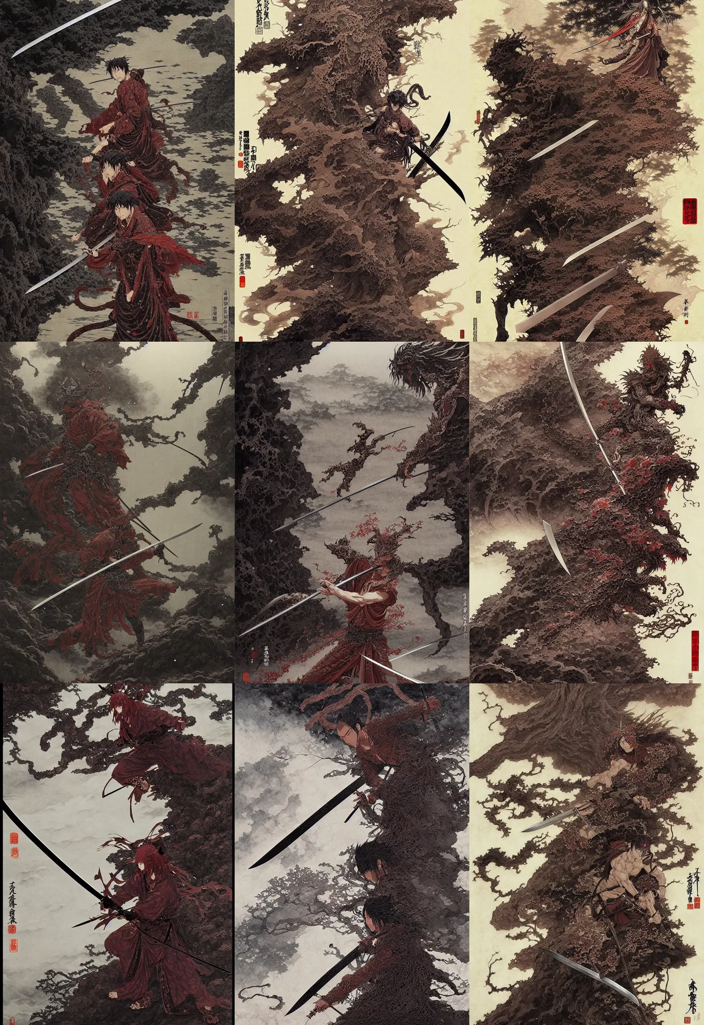 Prompt: a matte painting of a ancient katana containing the spirit of a demon, in japanese cave, chainsaw like blade, au naturel, intricate complexity, concept art, by takato yamamoto, wlop, beautiful blade, krenz cushart. cinematic dramatic atmosphere, sharp focus