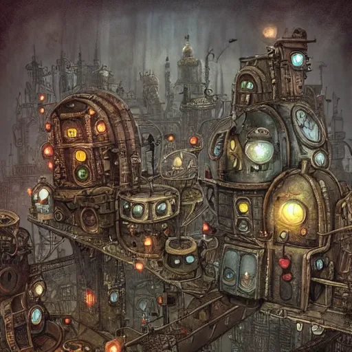 Image similar to machinarium city, steampunk style, fantasy style, super high detail, super high quality, talented artist, trending on artstation