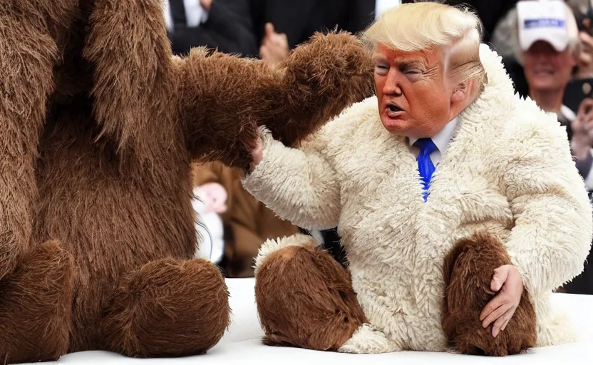 Image similar to Donald Trump in a baby mammoth costume , with an open face