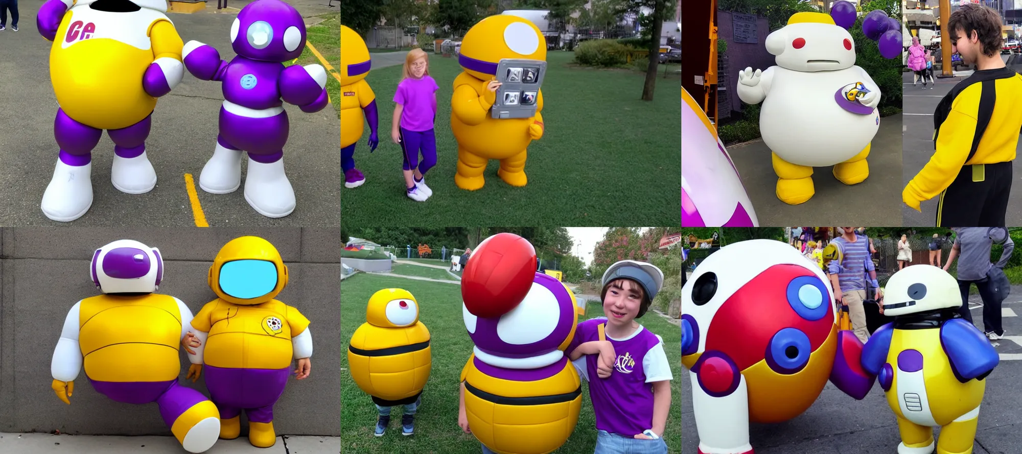 Prompt: baymax as commander keen, yellow football helmet and purple shirt, apogee