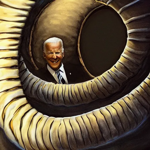 Image similar to joe biden as a sandworm from dune, artstation hall of fame gallery, editors choice, #1 digital painting of all time, most beautiful image ever created, emotionally evocative, greatest art ever made, lifetime achievement magnum opus masterpiece, the most amazing breathtaking image with the deepest message ever painted, a thing of beauty beyond imagination or words, 4k, highly detailed, cinematic lighting