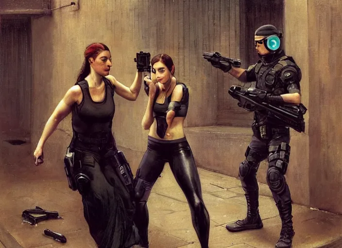 Image similar to Sara evades sgt Griggs. Athletic Cyberpunk hacker escaping Menacing Cyberpunk police trooper griggs. (dystopian, police state, Cyberpunk 2077, bladerunner 2049). Iranian orientalist portrait by john william waterhouse and Edwin Longsden Long and Theodore Ralli and Nasreddine Dinet, oil on canvas. Cinematic, vivid colors, hyper realism, realistic proportions, dramatic lighting, high detail 4k