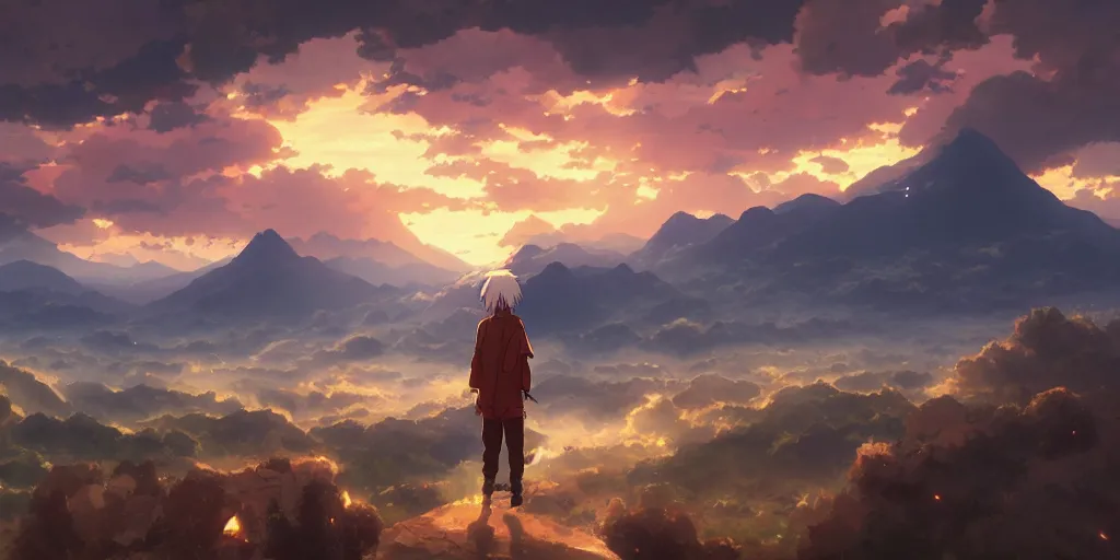 Image similar to anime character watching an apocalyptic landscape with mountains and the clouds are burning, hyperrealistic, trending on pixiv fanbox, painted by greg rutkowski makoto shinkai takashi takeuchi studio ghibli, akihiko yoshida