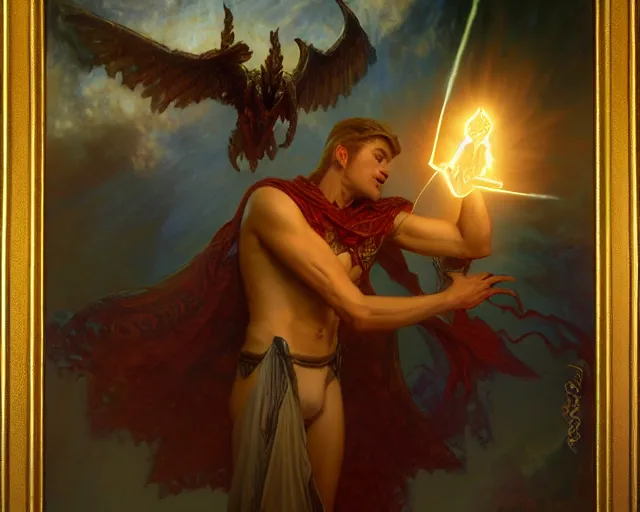 Image similar to attractive male deity, casting demonic magic, summoning handsome lucifer morning star. highly detailed painting by gaston bussiere, craig mullins, j. c. leyendecker 8 k