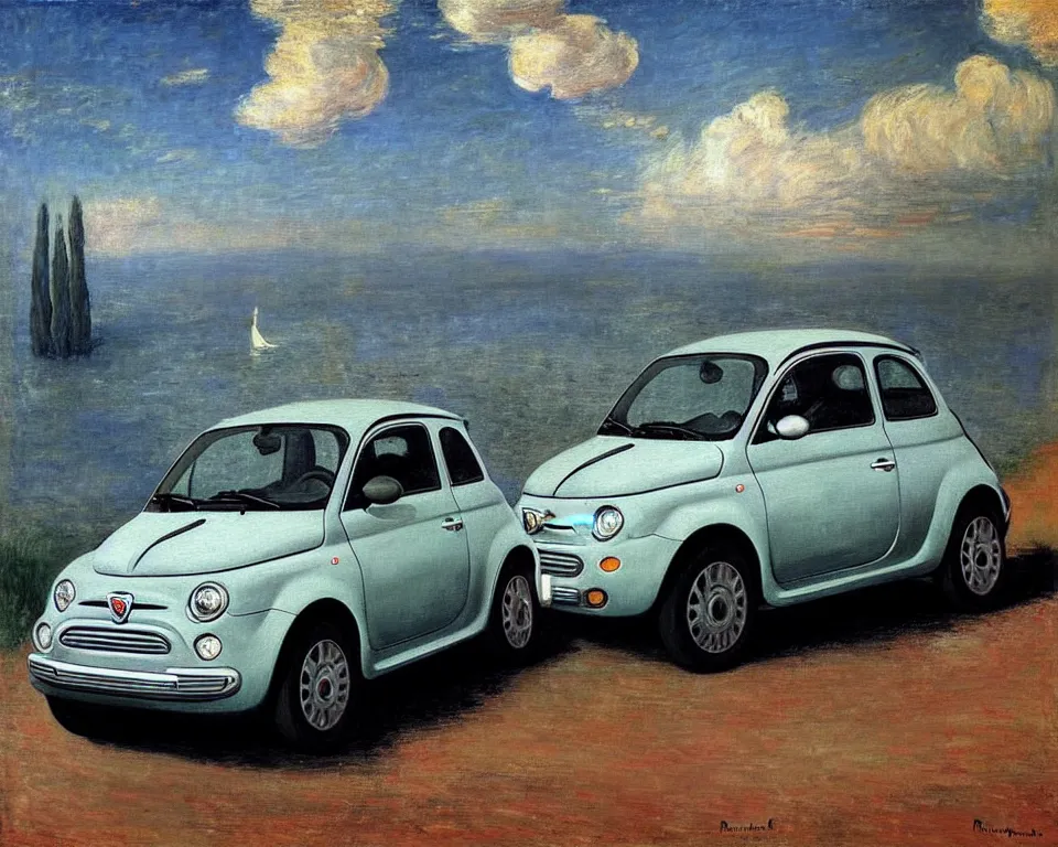 Prompt: achingly beautiful painting of a grey 2 0 1 3 fiat 5 0 0 abarth by rene magritte, monet, and turner.