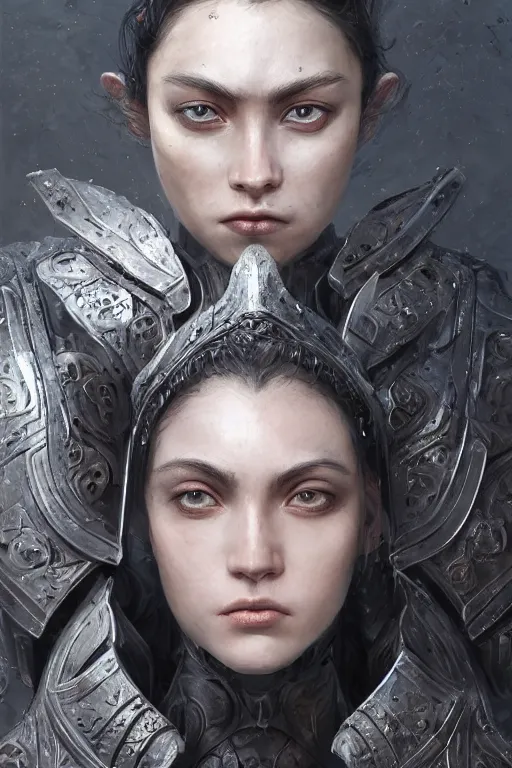 Prompt: onestylised woman , fair skin, big eyes, long black hair, no bangs, wearing sculpted textured armour, closes her eye, battle damage, intricate complexity, close-up of the front of the face, resolute expression, back lighting, 4K resolution, symmetric, clear facial features, by Ruan Jia and Mandy Jurgens and William-Adolphe Bouguereau, Karol Bak, smooth, sharp focus, rich deep colors, digital render, intricate, ultra realistic, concept art