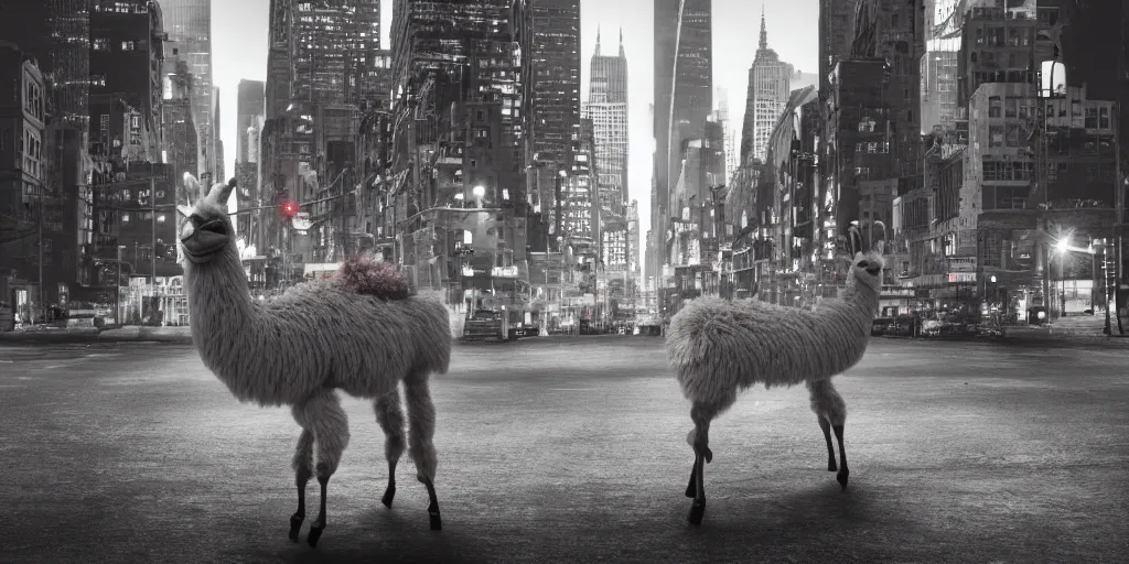 Image similar to a llama walking through a desolate manhattan city street at night, statue of liberty seen in the background, realistic 4 k octane beautifully detailed render, 4 k post - processing, highly detailed, intricate complexity, epic composition, magical atmosphere, cinematic lighting, masterpiece, ultra hd