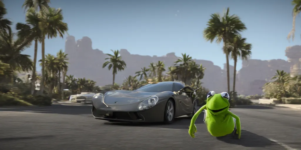 Prompt: kermit driving a car, wlop, palm trees, desert, cinematic lighting, hyperdetailed, 8 k realistic, symmetrical, global illumination, radiant light,, frostbite 3 engine, cryengine, dof, trending on artstation, digital art, chanel