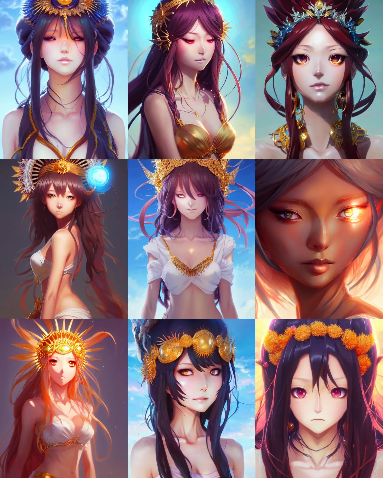 Prompt: Character concept art of an anime sun goddess || foliage clothing, cute-fine-face, pretty face, realistic shaded Perfect face, fine details by Stanley Artgerm Lau, WLOP, Rossdraws, James Jean, Andrei Riabovitchev, Marc Simonetti, and Sakimichan, tranding on artstation