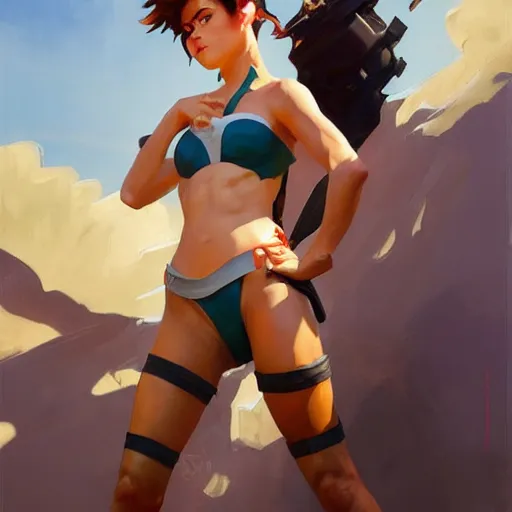 Image similar to greg manchess painting of tracer wearing a bikini knight armor, medium shot, organic painting, sunny day, bold shapes, hard edges, street art, trending on artstation, by huang guangjian and gil elvgren and sachin teng and artgerm and greg rutkowski and alphonse mucha